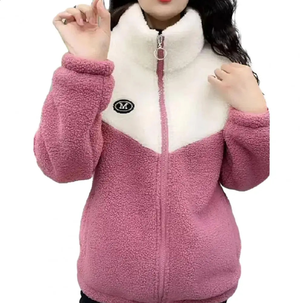 Autumn Winter Fleece Fluffy Jacket Streetwear Harajuku Zipper Coat Woman Lightweight Plush Warm Splice 250109