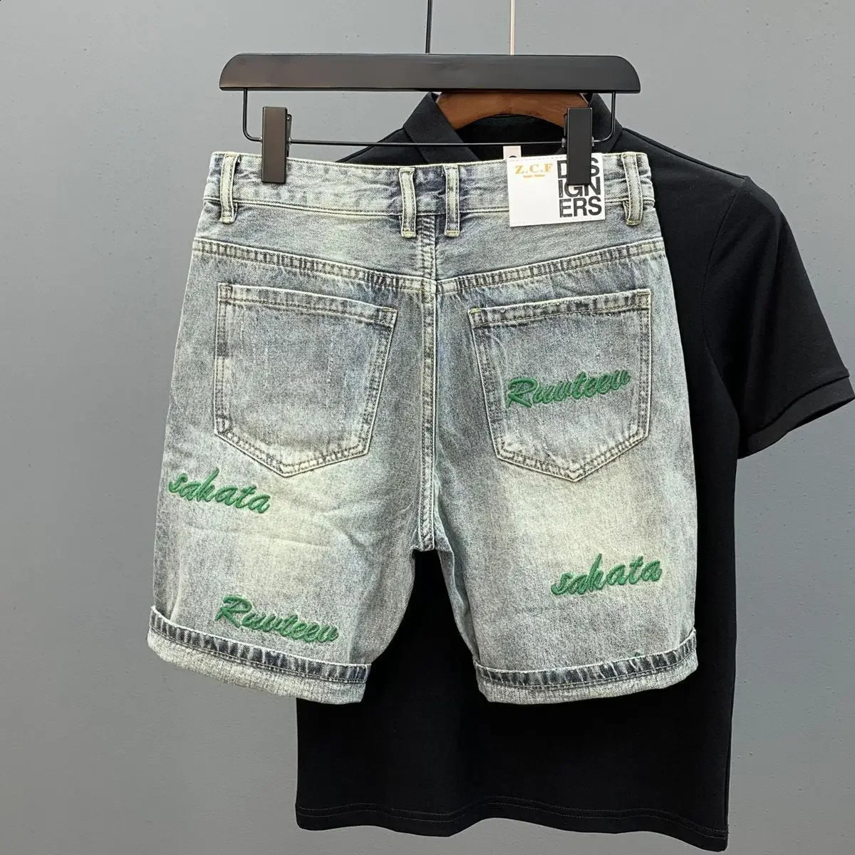 Male Denim Shorts Oversize Big Size Retro With Text Mens Short Jeans Pants Cut Cow Korean Fashion Jorts Sale Vintage 250206