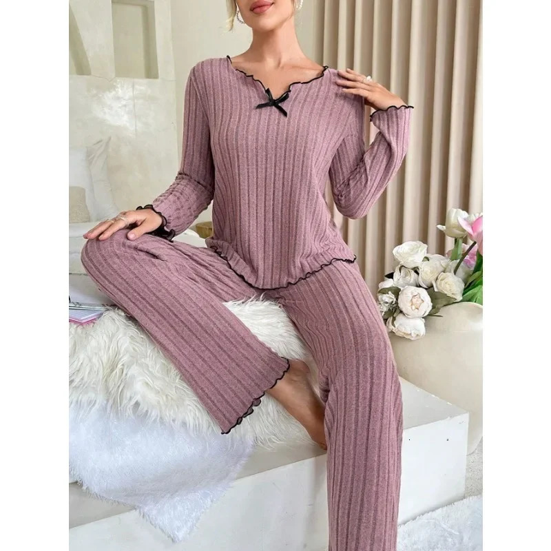 Women Autumn Winter Sleepwear Ribbed Pajamas Set Long Sleeve Top and Long Pants 2 Piece Set Casual Homewear Loungewear 250207