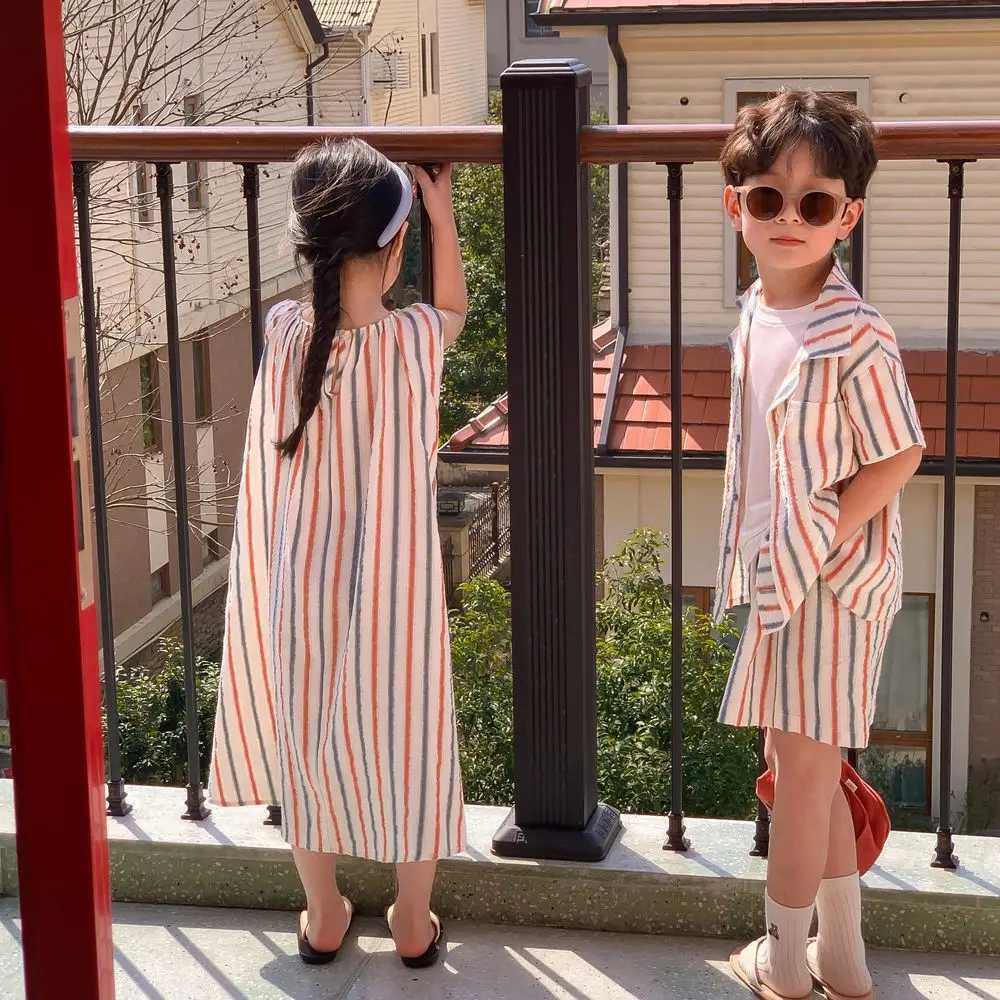 Brother Sister 2023 Summer Striped Boy Clothes Set Girl Striped Dress Korean Style family matching outfits Sibling look W250207