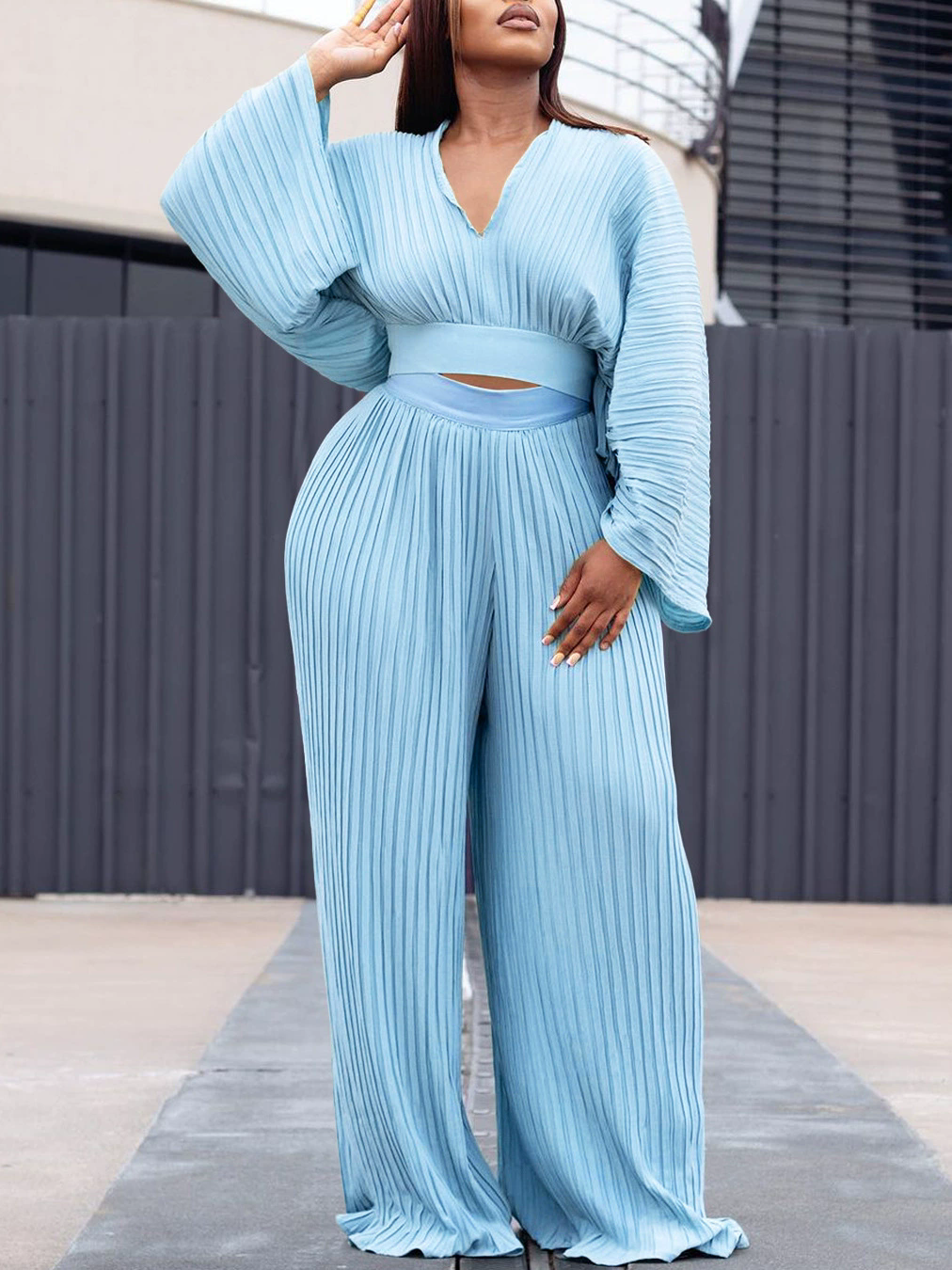 Women's Two Piece Pants Women Elegant Loose Suits Long Sleeve V Neck Crop Top & Wide Leg Pleated Set