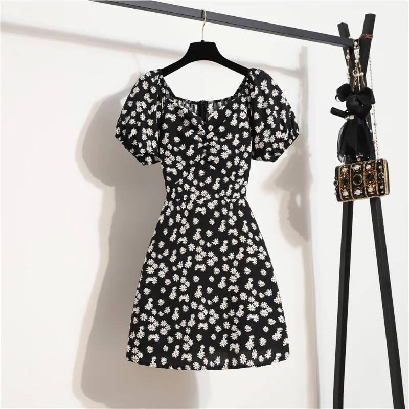 Women Mini Dresses Summer Fashion Female Print Floral Chiffon Shirring Pleated Short Puffy Sleeve Casual Dress 250206