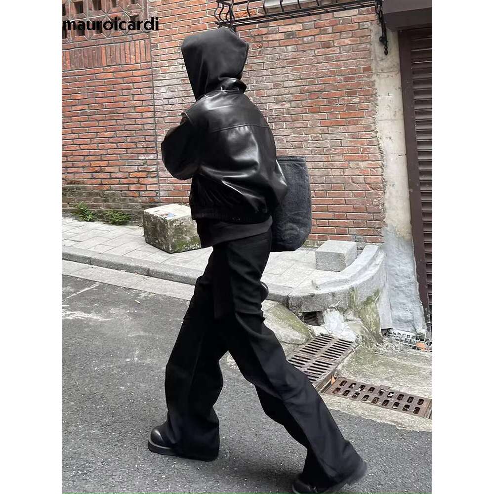 Men's Leather Jacket Mauroicardi Spring Autumn Cool Oversized Short Black Soft Pu Leather Jacket Men Zipper Designer American Vintage Clothes