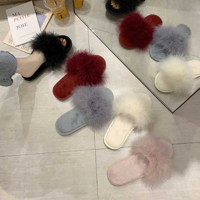 Leisure Plush Slipper for Woman Womens Autumn Winter Ostrich Feather Slippers Footwear Lightweight Flats N-slip Home SlippersXJ250207