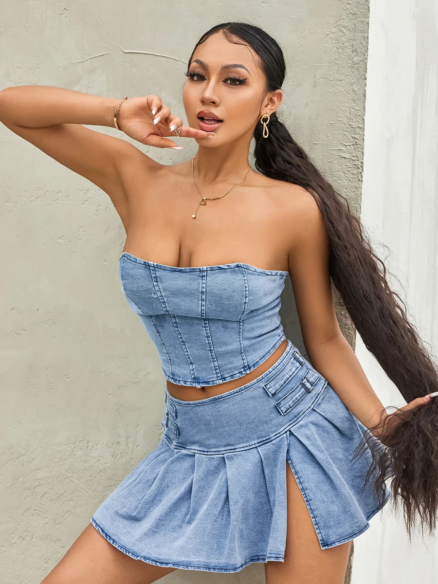 Womens Summer 2PCS Outfit Sets Solid Color Sleeveless Off Shoulder Zipper Bandeau Pleated Denim Skirt 250207