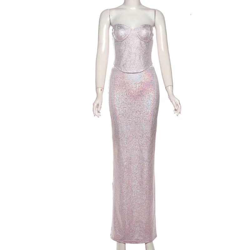 NIDANSSI Sequin Glitter Backless Evening Party Two Piece Set Strapless Top Long Skirt Women Set Elegant Summer 2 Piece Set Women 250206