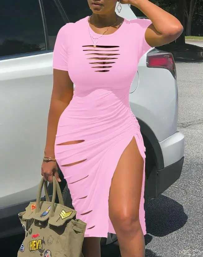 Sexy Summer Dresses for Women 2023 Short Sve O-Neck Candy Ladder Cutout Drstring Ruched High Slit Hollow Out Skinny DressXJ2500207