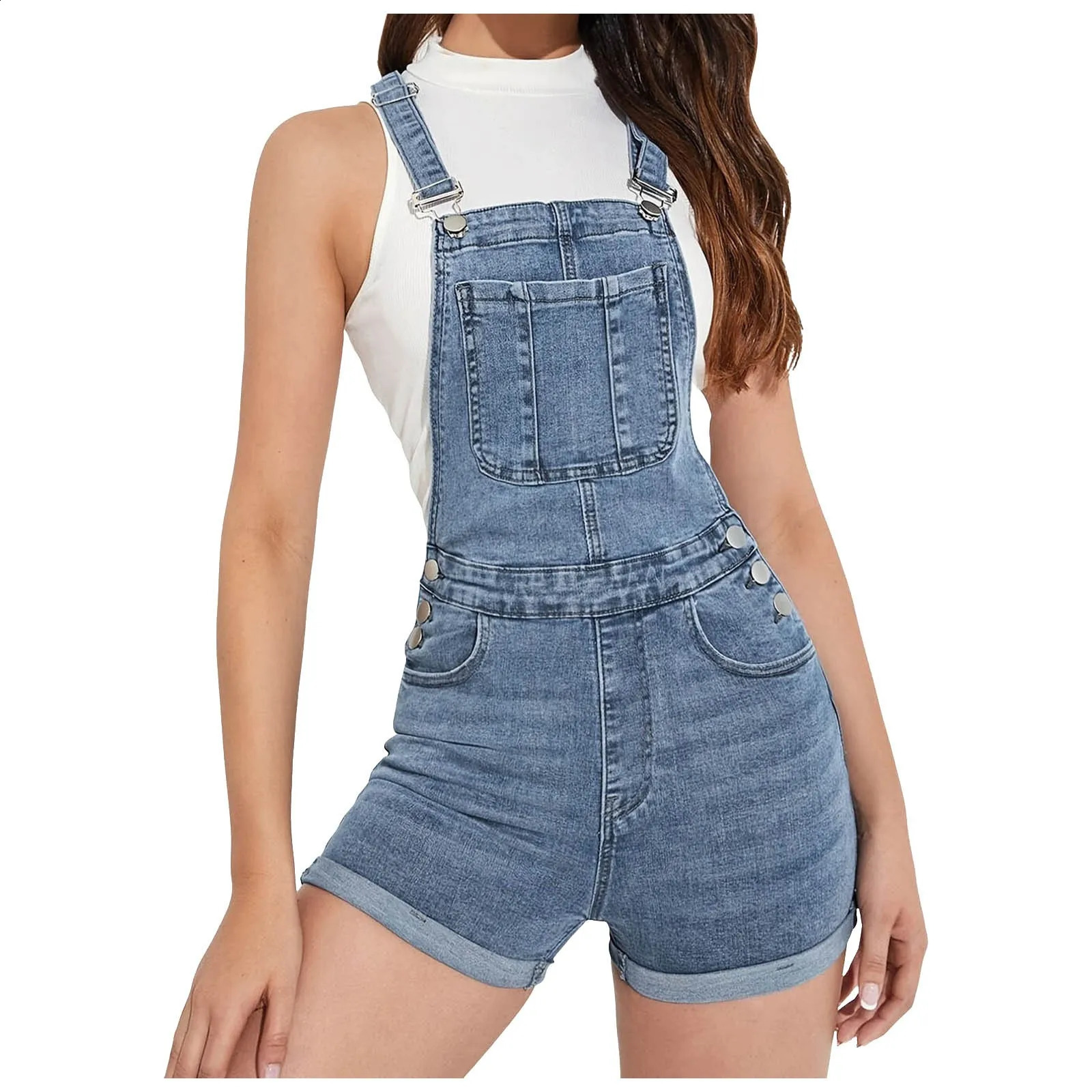 Denim Shorts Ladies Overalls With Pocket Summer Jumpsuits Slim Fit One-Piece Strap Denim Shorts Sexy Jumpsuit For Womens 250206