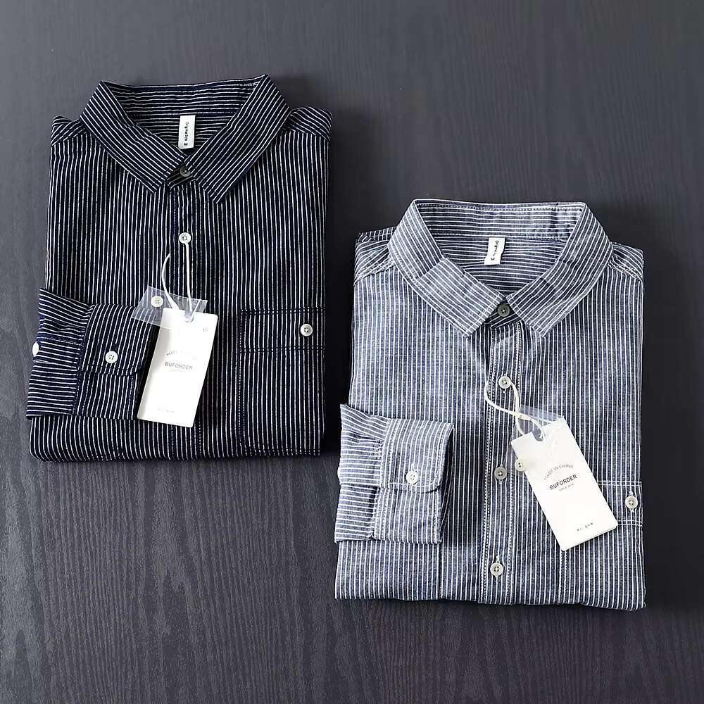 Men's Autumn Pure Cotton Fashionable Loose Striped Long Sleeved Shirt Outdoor Trekking Hiking Climbing Camping Workwear Blouse