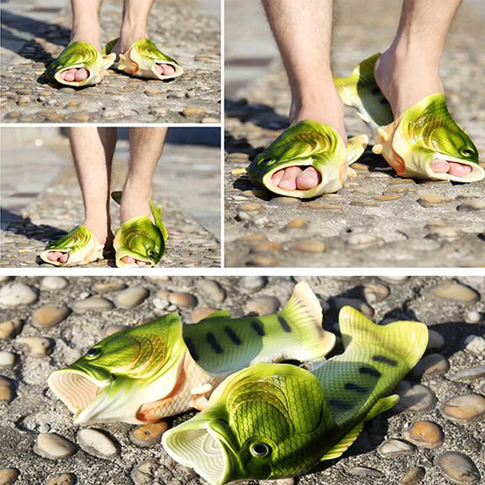 Funny Fis Mens Outdoor Beach Sandals Big Size 46 47 Gift for Fishing Enthusiasts Man Bass Slipper Unisex Slides ShoesXJ250207