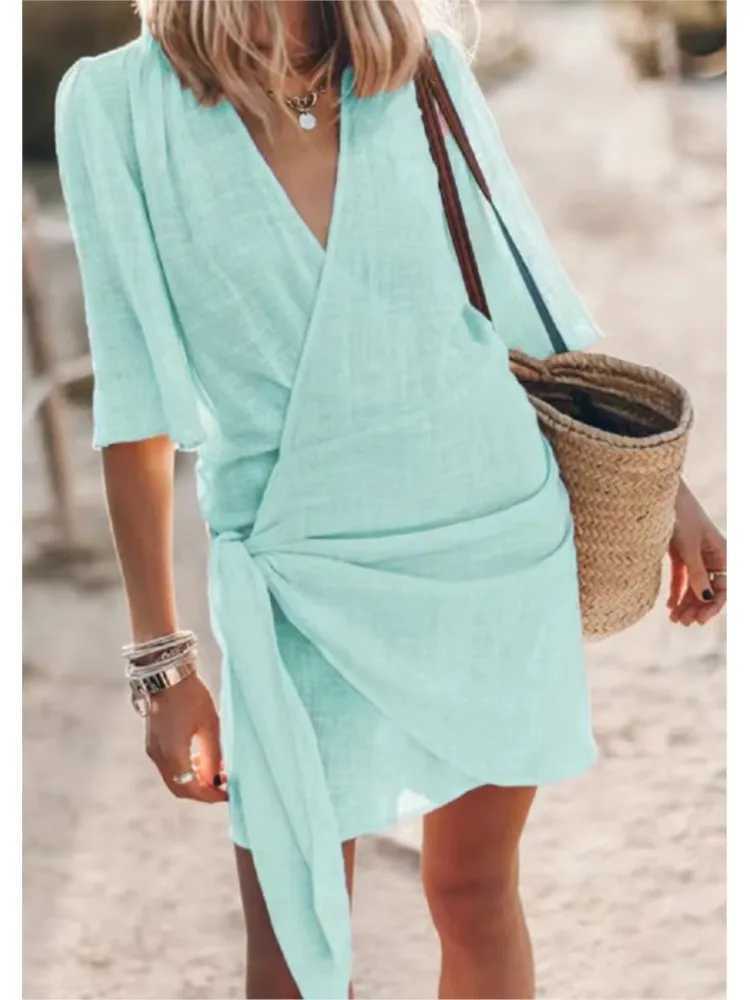Casual V Neck Solid Color Short Sved Cross Lace Up Dress For Women Spring And Summer Simple Ele Mid Length Dresses FeXJ2500207