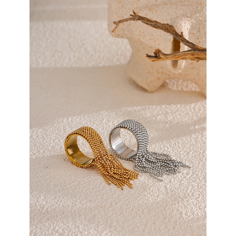 Yhpup Statement Stainless Steel Chain Tassel Finger Ring Adjustable 18K PVD Plated High Quality Charm Stylish Golden Jewelry 250206