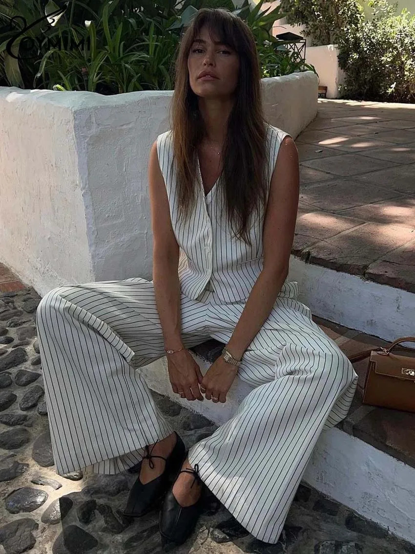 Oymimi Elegant White Print Two Piece Set For Women Fashion VNeck Sleeveless Button Tank Tops High Waist Straight Trousers 250206