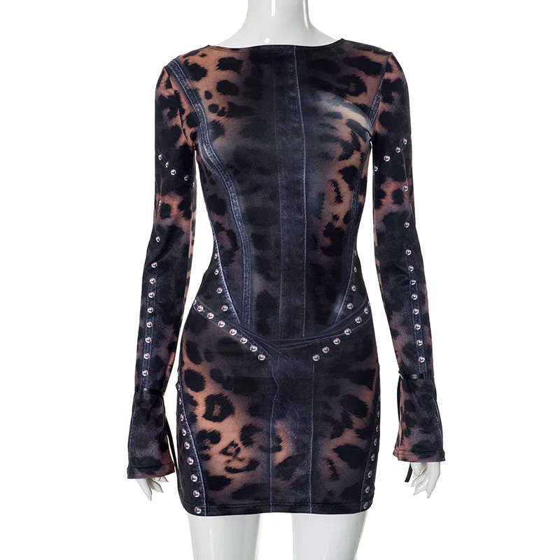 CUTENOVA 2024 Autumn And Winter Womens Fashion Leopard Print Slim Flared LongSleeved Package Hip Short Skirt Dresses Y2K 250206