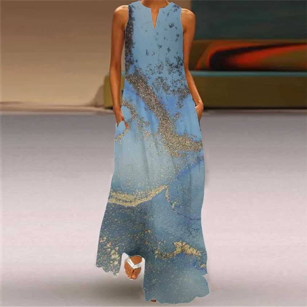 WomenS Fashion One-Piece Summer Casual Vest Print Dress Ele Sveless Evening Gown WomenS Plus-Size V-Neck Pocket DressXJ2500207