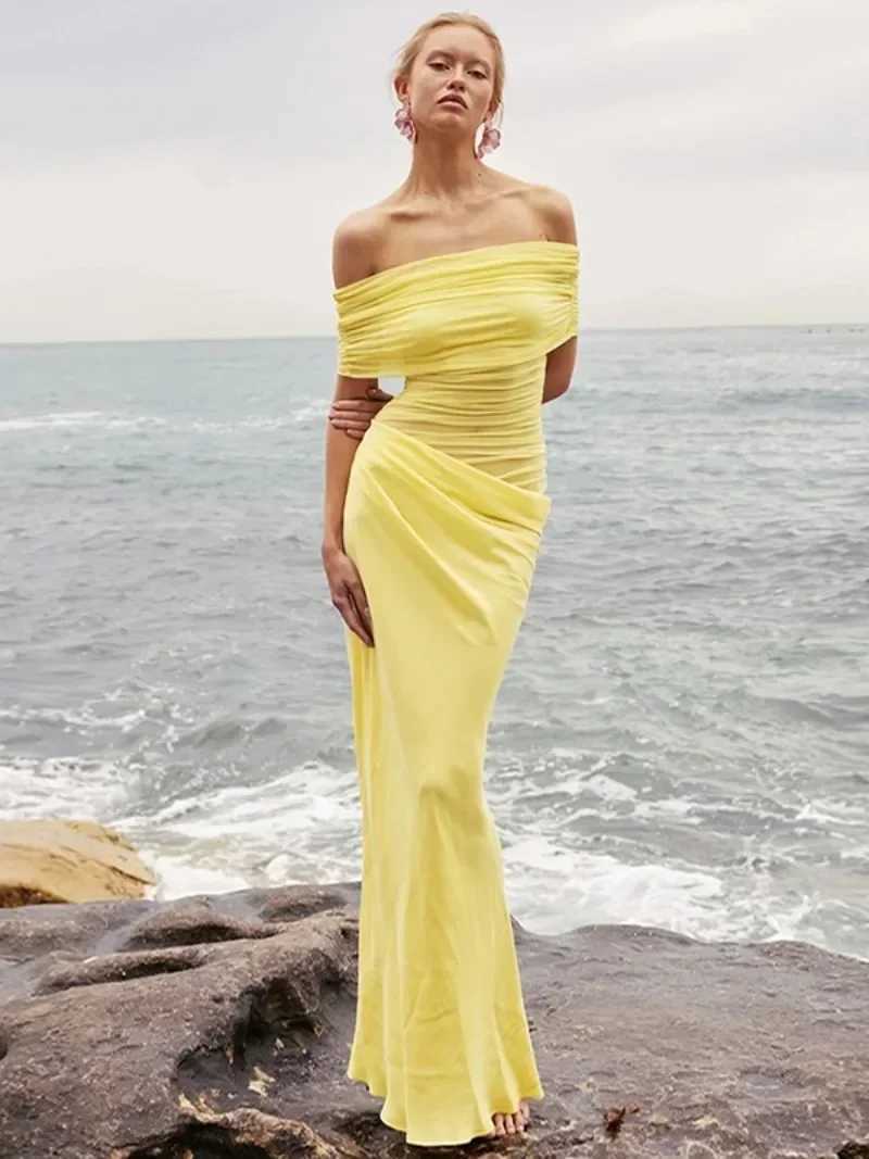 Elegant Yellow Holiday Beach Dresses for Women Sexy Slash Neck Mesh Patchwork Evening Dress Folds Hollow Out Long Party Gowns X250207