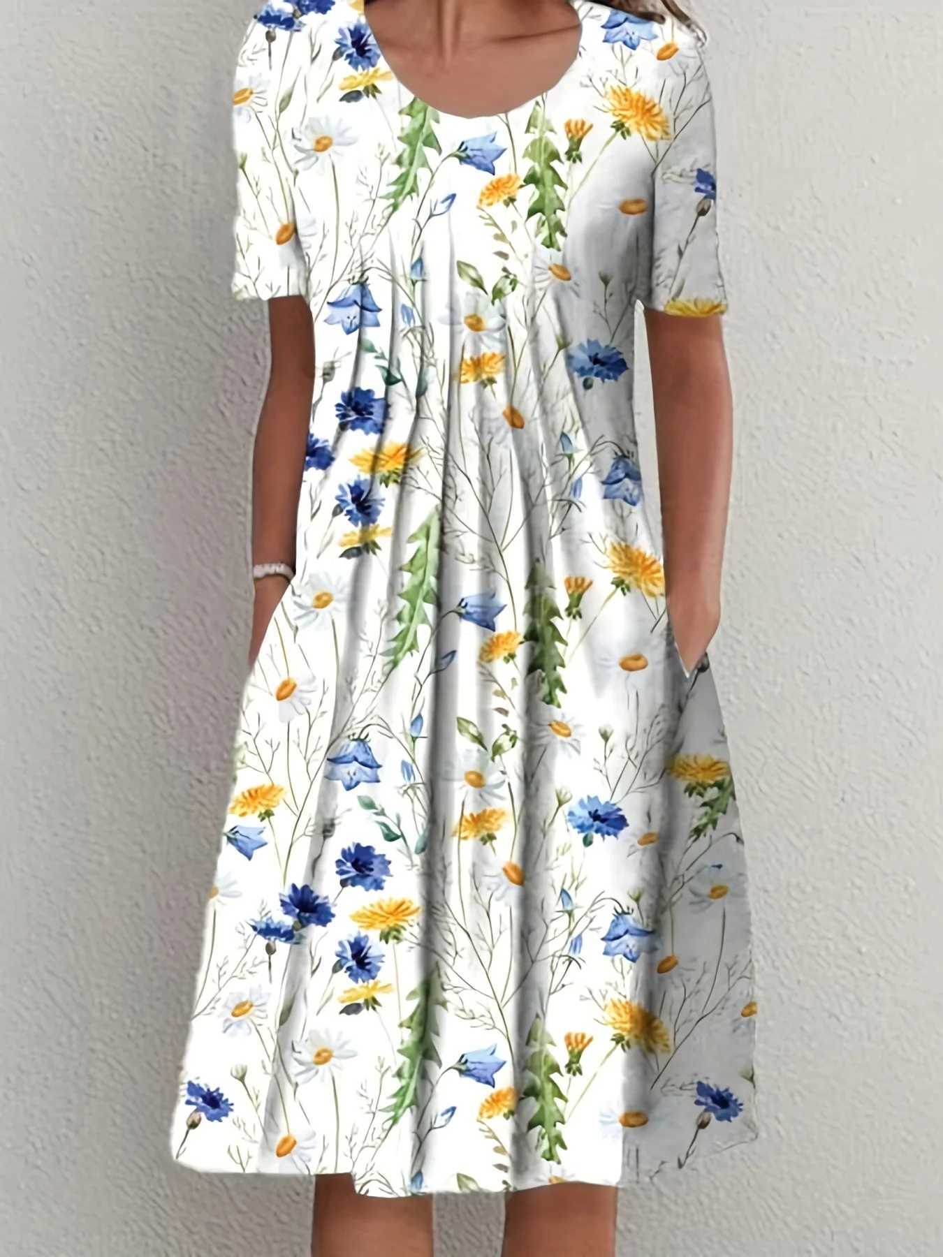 Spring And Summer Womens Ele Large Skirt Round Neck Printed Short-sved DressXJ2500207