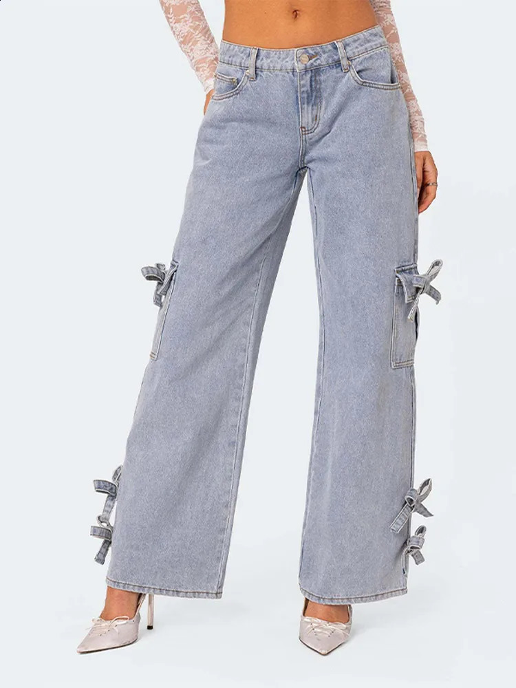 Chic Bow Light Blue Wide Leg Long Jean Pants Women Casual Versatile Jeans With Side Pockets Sweet Lady Denim Trousers 250206