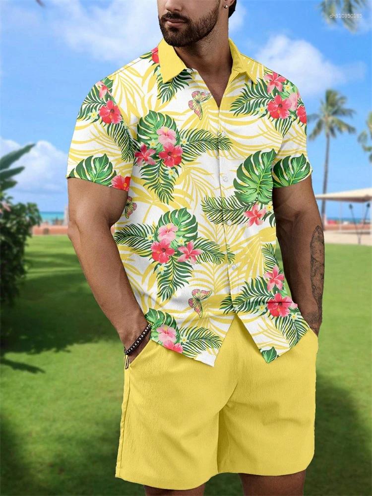 Men's Tracksuits Hawaii Short Sleeve Shirt Beach Shorts 2 Pcs Set Comfortable Men Casual Flower Summer Breathable Male Suits