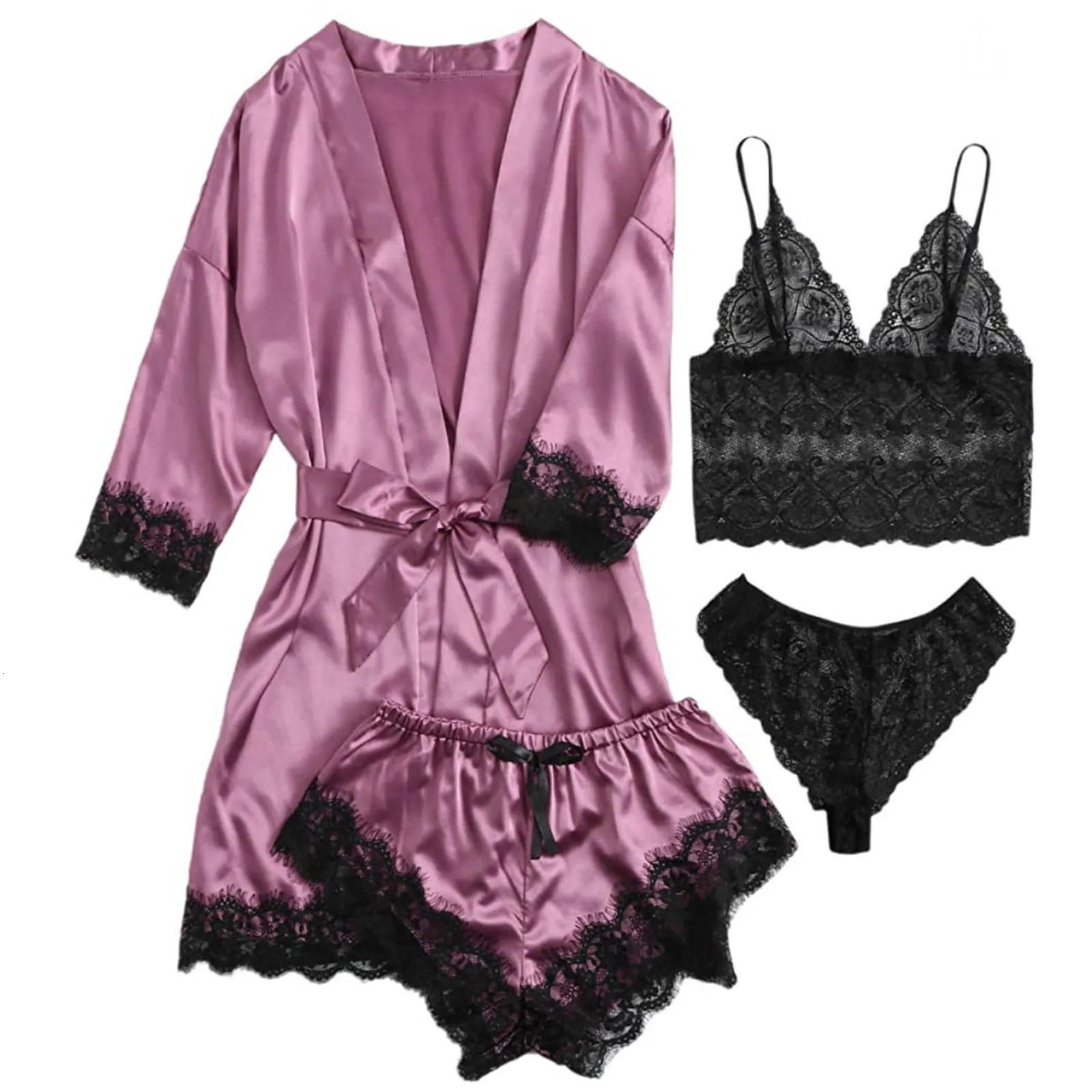 Women Silk Satin Pajamas Set 4pcs Lingerie Floral Lace Sleepwear With Robe Nightgown Long 250207