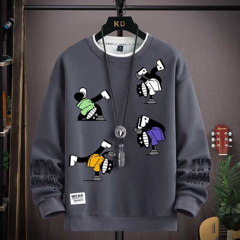 S-5XL Mens Hip Hop Sweatshirts Casual O Neck Harajuku Khaki Top Trendy Cartoon Printed Long Sleeve T-shirt Fashion Mens Clothing W250207