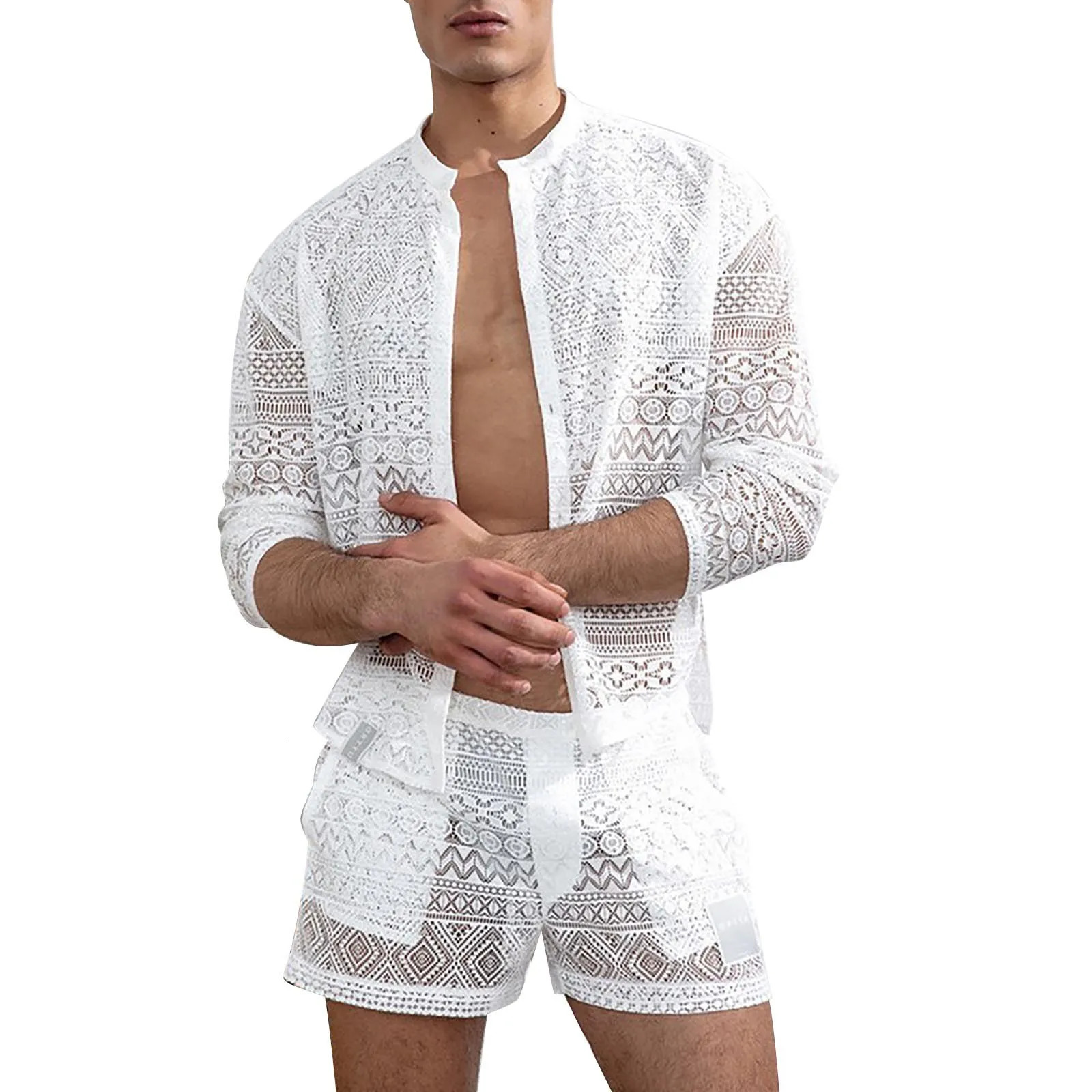 Mens clothing fashion set mens 2piece hollow sexy lace short sleeved casual Tshirt summer solid color 250207