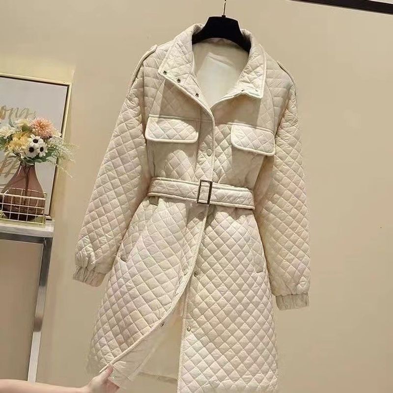 Women's Clothing Fashion Waist Mid Length Lace Up Light Slim Stand Collar Dia Cotton Coat