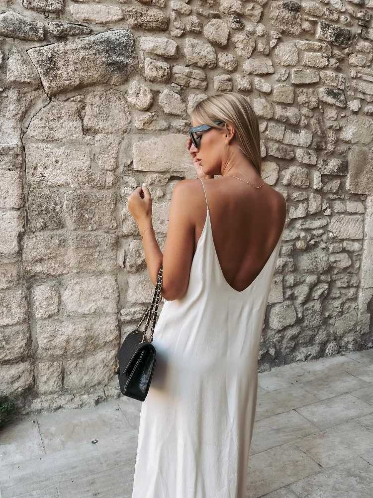 Backless Sexy Solid Color Womens Suspender Dress Ele Off Shoulder Slit Long Robes New Sveless Seaside Vacation VestidosXJ2500207