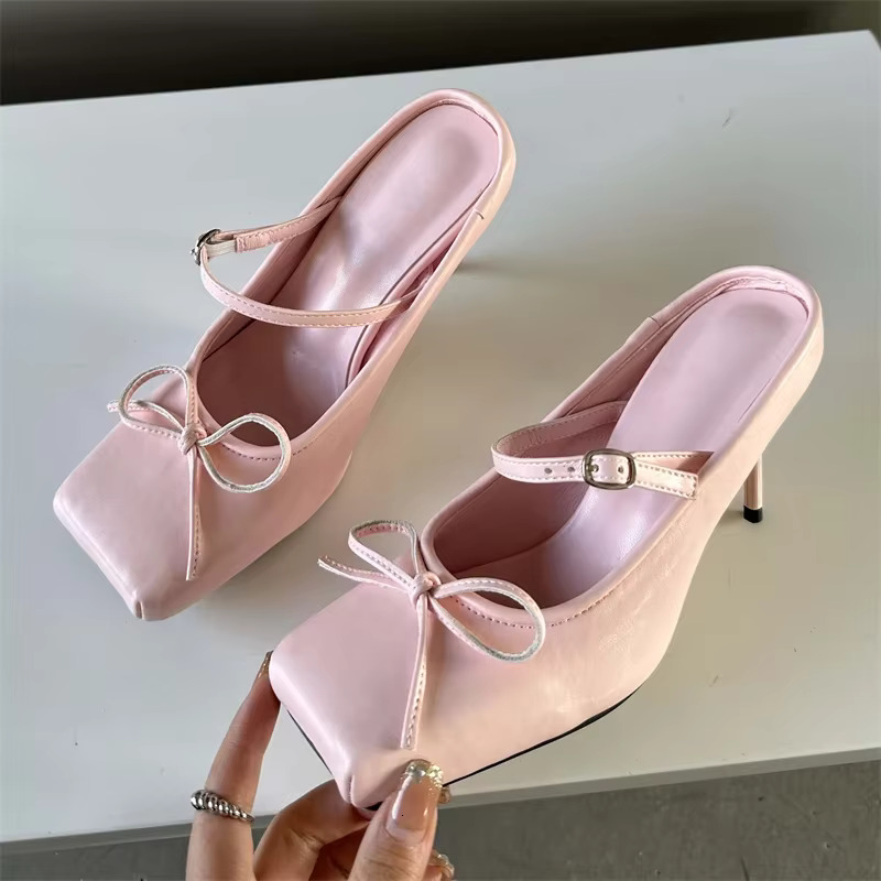 Eilyken New Design Bowknot Square Toe Women Pumps Sexy Buckle Strap Thin High Heels Banquet Prom Mule Slippers Shoes 250221