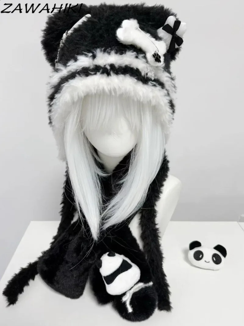Japanese Knit Hat for Women Chains Belt Fur Hats Contrast Color Keep Warm Caps Female Fashion Cute Gorras Invierno Mujer 250120