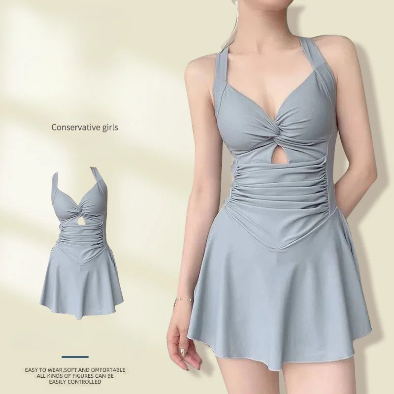 Swimming Suit for Women Solid Color Slimming One-piece Dress Style Conservative Waist Tightening Slimming Vacation Swimsuit 250207