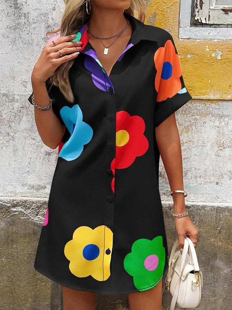 New Fashion Everyday Casual Ladies Short-sved Lapel Print Dress City Trend Single-breasted Dress 3D Printed Art DressXJ2500207