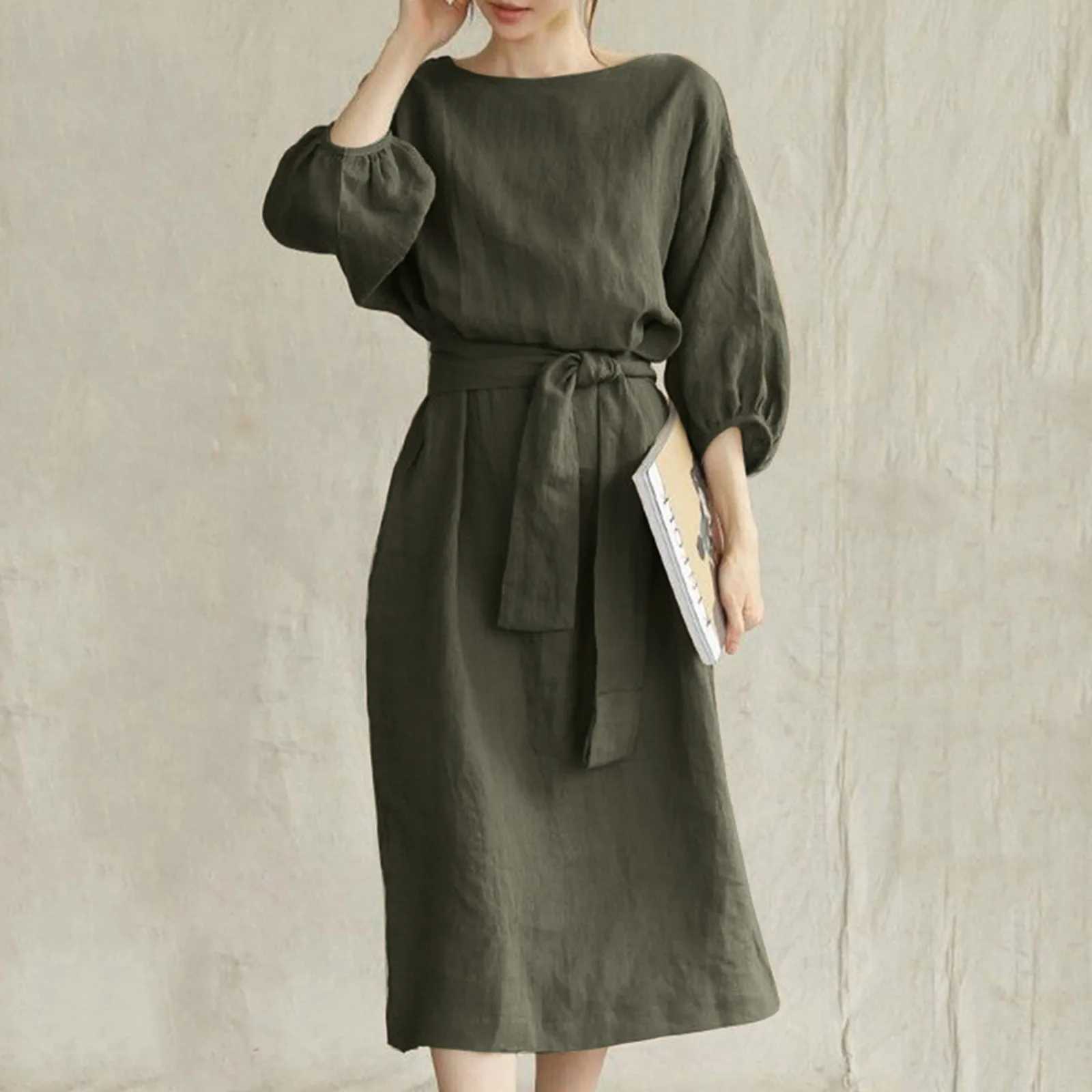 Cotton Linen Dresses WomenS Vintage Long Sve High Waisted Tied Solid Color Round Neck Dress Ele Vestidos For WomenXJ2500207