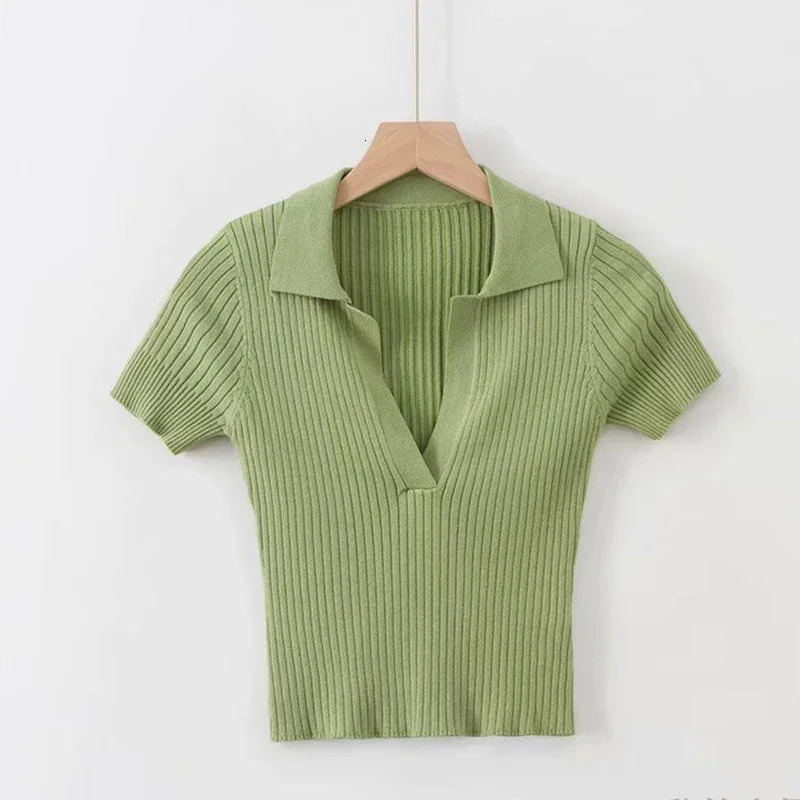 Short Sleeve Collared Crop Top for Women Turn-down Collared Fitted Rib-Knit Tee Shirt Summer Teen Y2K Outfit 250207
