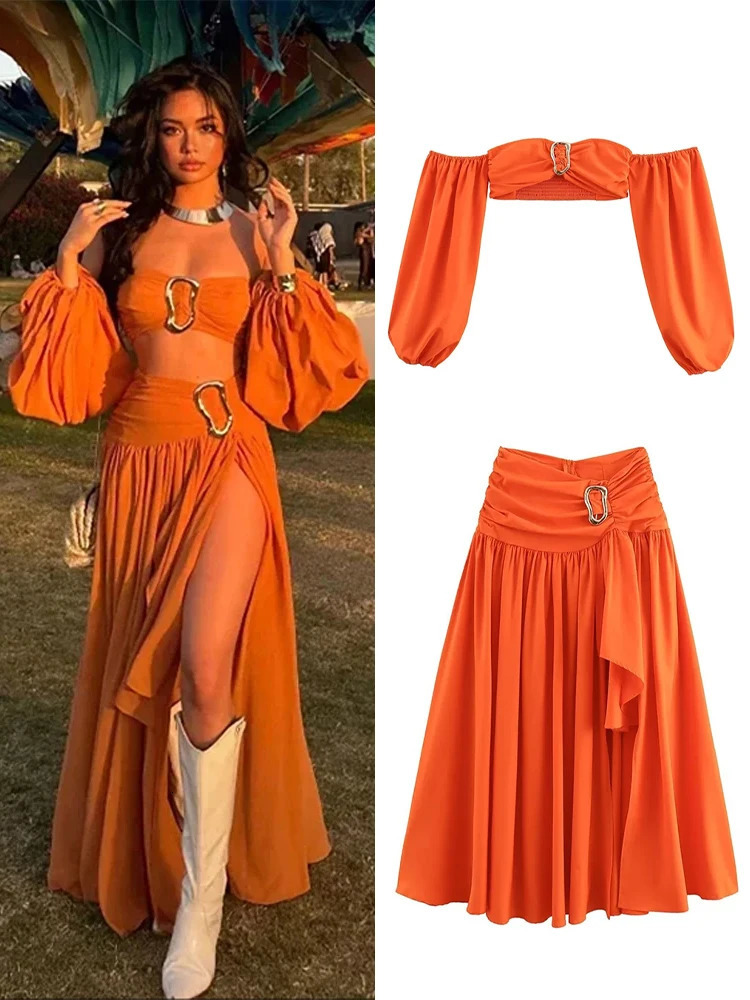 Sexy Hollow Out Skirt Set Women Off Shoulder Lantern Long Sleeve Short Top Skirt Lady Suit Summer Female Beach Outfit 250206