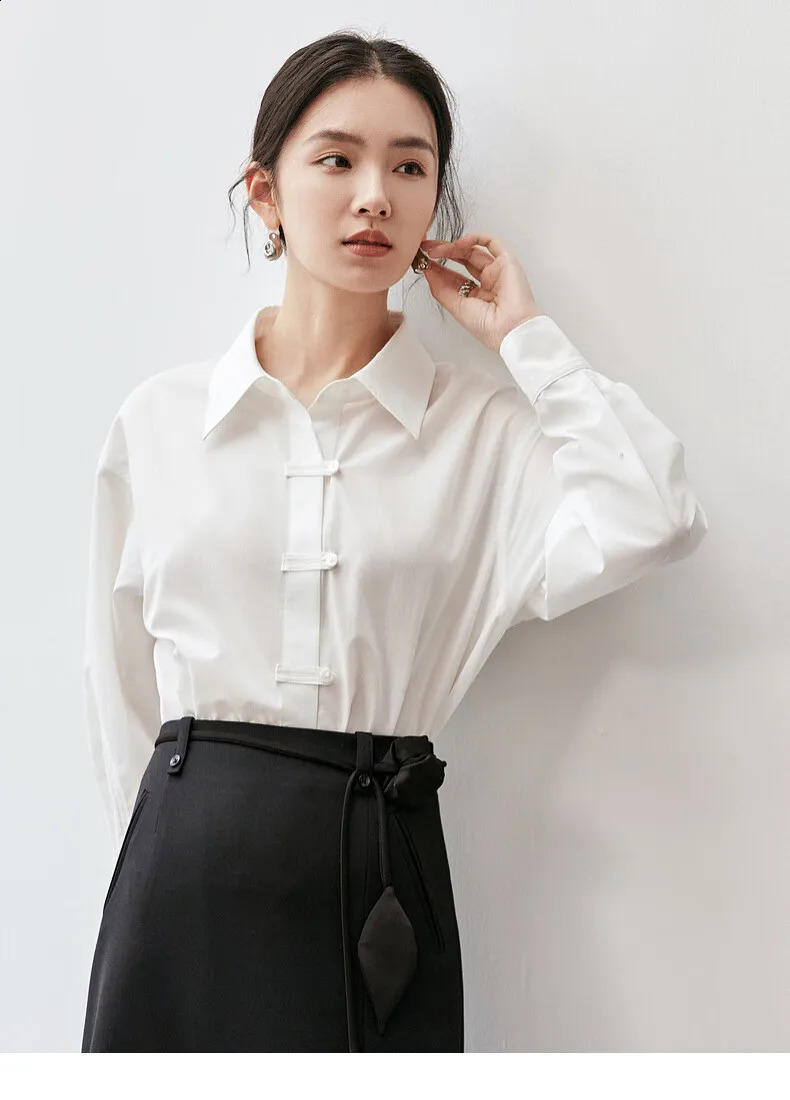 SENTUBILA Office Lady Cotton Shirt 2025 Spring Casual Loose Turn Down Collar Single Breasted Blouse Female Clothing 143C55908 250107