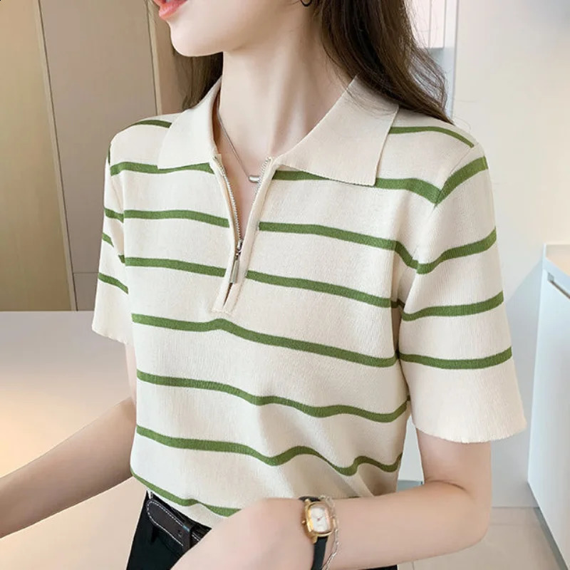 Summer Stripe Korean Fashion Casual Ice Silk Short Sleeved Polo Shirt Simple Temperament Women Lapel Zipper Loose Slim Thin Top 250207