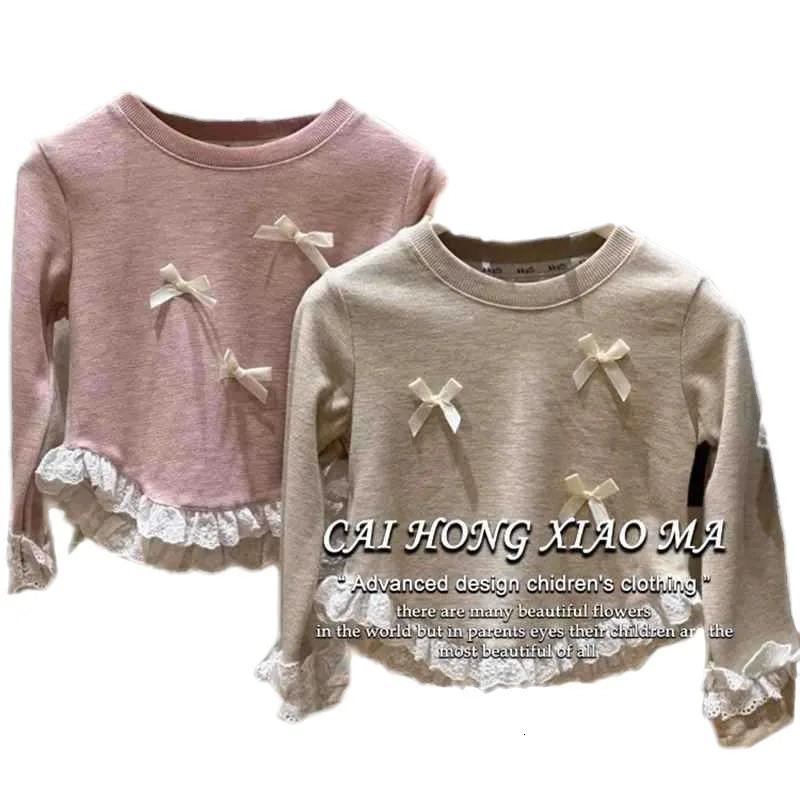 Korean Spring Autumn Kid Girls Long Sleeved T-shirt Lace Bottom Bow Splicing Children Girls Tops Solid Stretch Baby Girl Shirt 250207