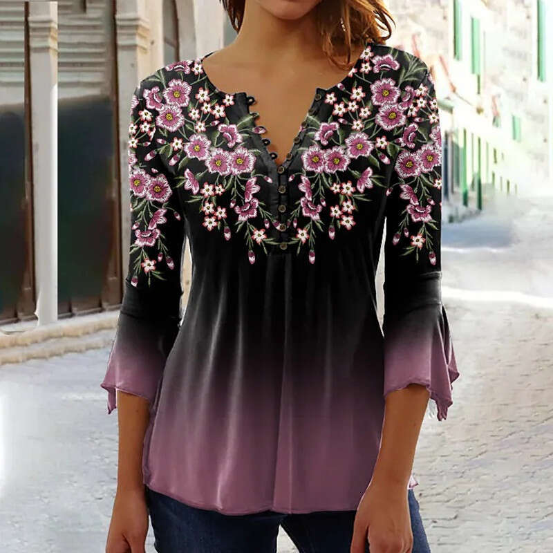 European and American summer fashion Ruili ral print V-neck seven quarter sleeve T-shirt 2024 temperament versatile new trendy clothing ins