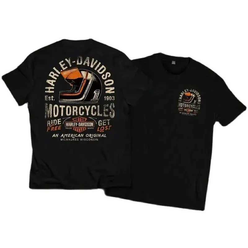 Men O-Neck Large-Sized Short Sleeved Pure Cotton T-Shirt Unisex Rock American Retro Harley Motorcycle Printed Loose Tops T-shirtT250207