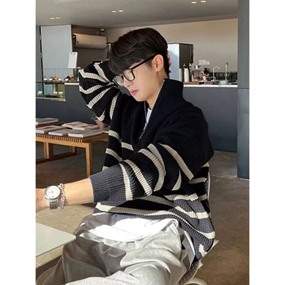 Men's Clothing Business Zip-up Knit Sweater Male Coat Zipper Striped Jacket Collared Pullovers Cheap T Shirt Korean Fashion Neck