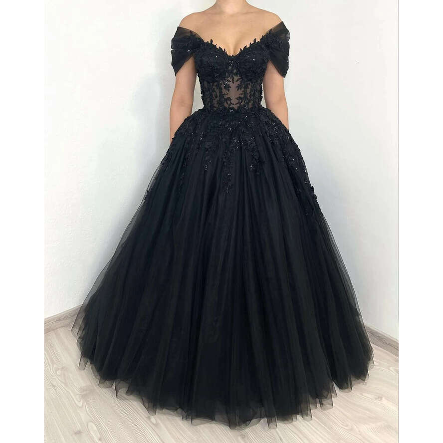 Glamorous A E Gothic Off Shoulder Wedding Dresses Bridal Gowns Beading Appliques Lace Up Back Country Black Robe Mariage
