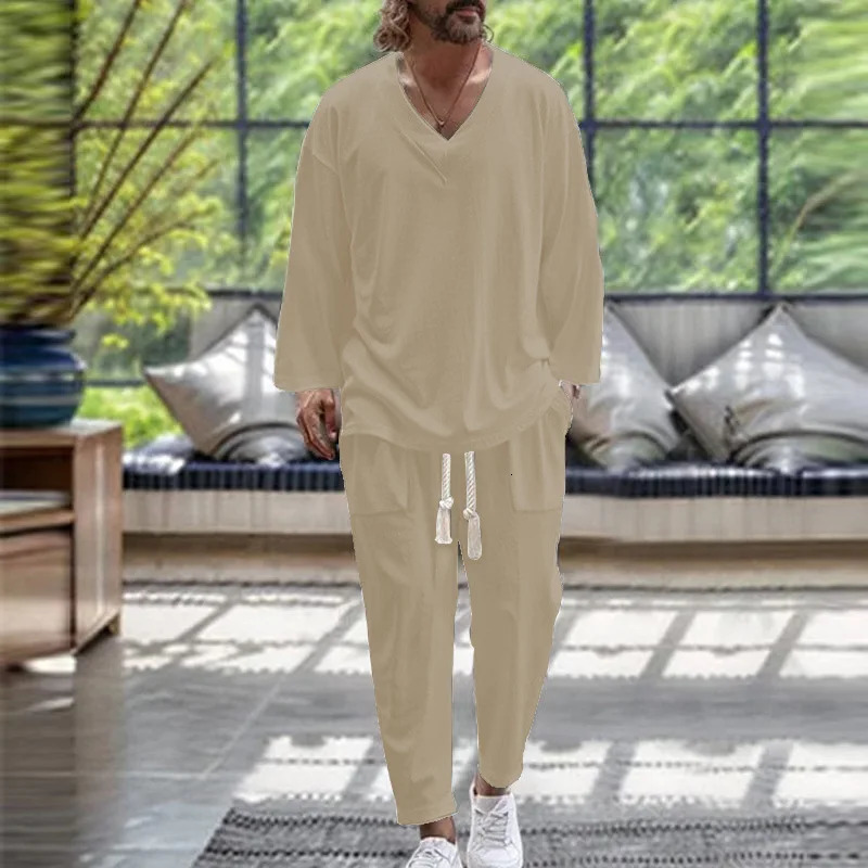 2024 SpringAutumn Trend Mens Fashion Vneck Shirt Casual Comfortable Loose Long Sleeve Pants Solid Color Beach Set 250207