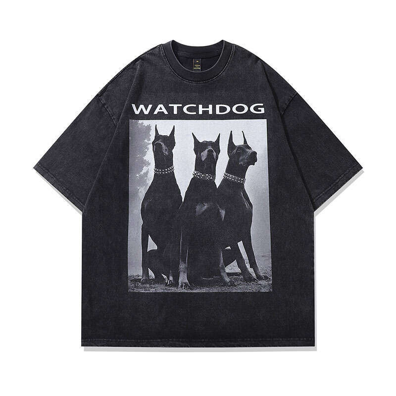 TKPA Doberman Print Wash Vintage High Fashion Brand Loose Round Neck Short Sleeve T-shirt for Men and Women Street