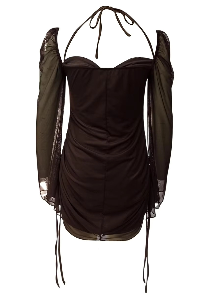 Women Long Sleeve Drawstring Pleated Halter Neck Mini Elegent Solid Pink Brown Short Dress