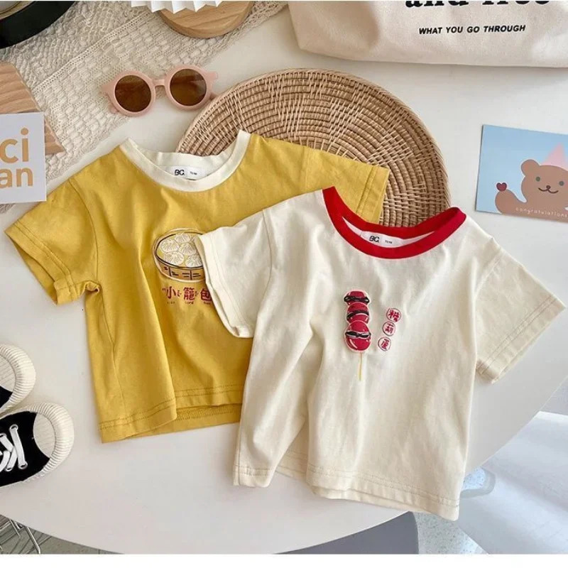 HoneyCherry Summer Cartoon Cotton Short-sleeved T-shirt Childrens Casual Round Neck Tops Kid Clothing 250207