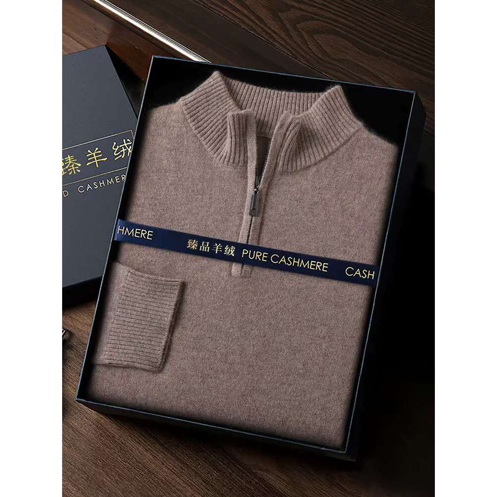Autumn Winter Men's Basic Zipper Pullover 100% Cashmere Sweater High Quality Base Mock Neck Knitwear Smart Casual Soft Warm Top