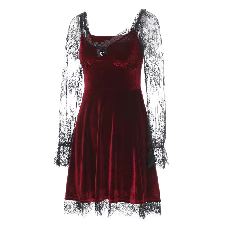 Women Lolita Mini Evening Party Spring Summer Clothes Ral Long Sleeve Lace Patchwork Dress Sexy Club