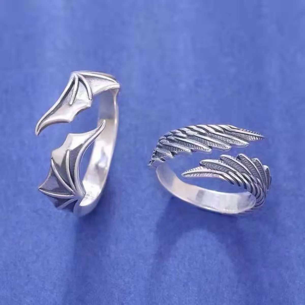 Retro Angel Wings Devil Eyes Hip Hop Adjustable Couple Ring Mens Retro Silver Alloy Material Cool Fashion Jewelry New W250207