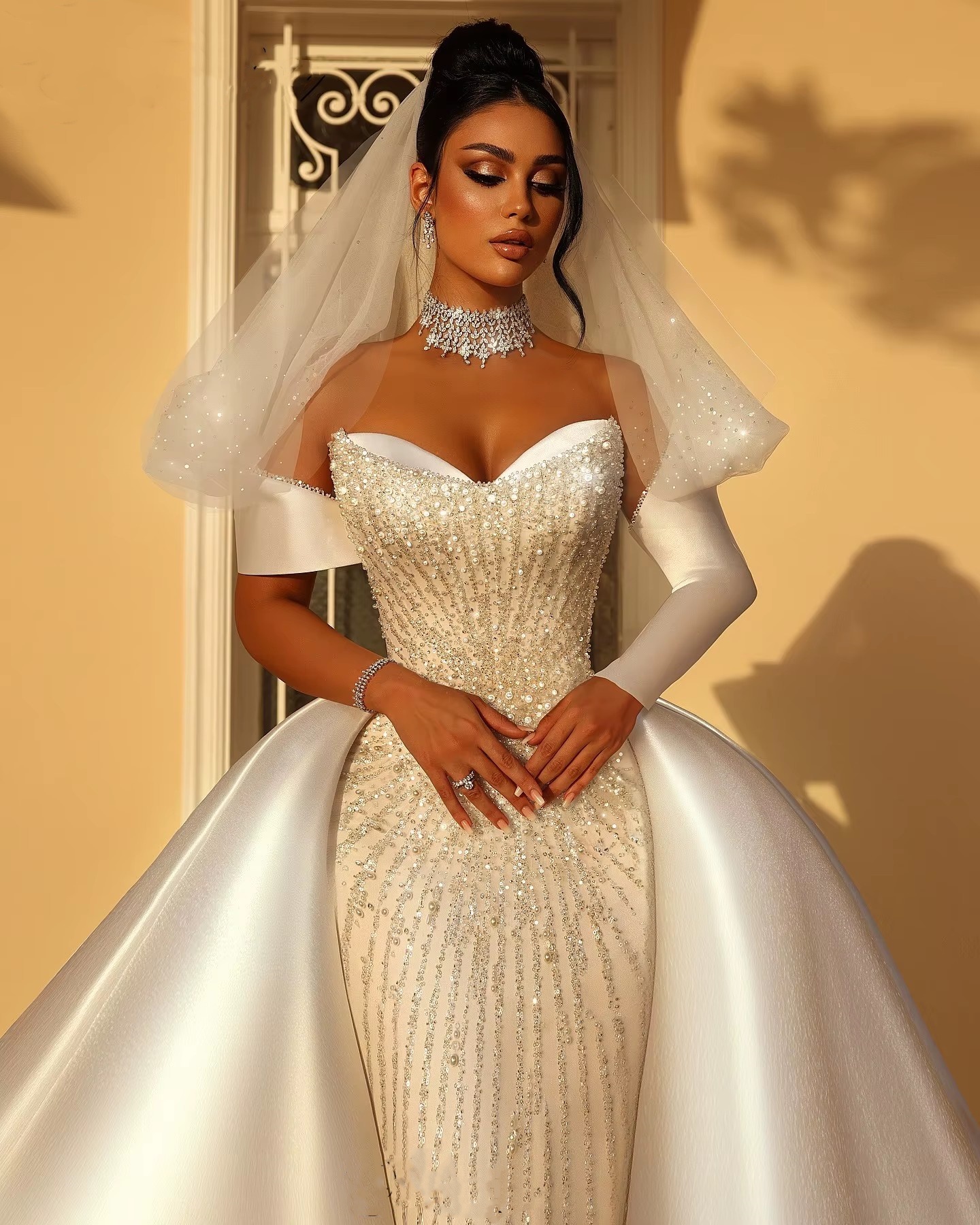 Exquisite Bridal Gowns Pearls Sequins Wedding Dress with Overskirts Custom Made Princess Strapless Sweep Train Bride Dresses Vestido de novia